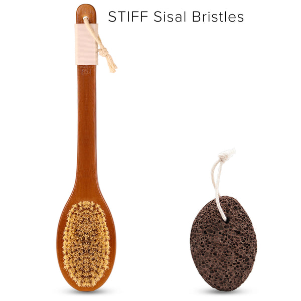 ICANdOIT® - 17.71 Inch Anti-Slip Long Curved Handle Bath&Shower Brush with Pumice Stone|STIFF Tampico Fiber