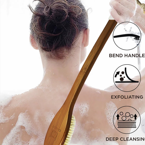 ICANdOIT® - 17.71 Inch Anti-Slip Long Curved Handle Bath&Shower Brush with Pumice Stone|Boar Bristles