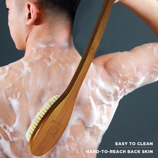 ICANDOIT - 17.71Inch + Natural Boar Bristles  Anti-Slip Long Handle Bath Brush,Bent Handle Shower Scrubber for Exfoliating,Shower Back Brush,Exfoliation Set with Pumice Stone (1 Pack)