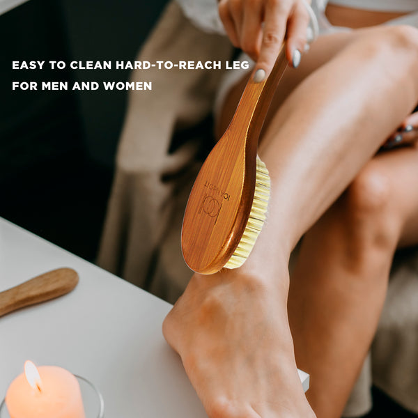 ICANDOIT - 17.71Inch + Natural Boar Bristles  Anti-Slip Long Handle Bath Brush,Bent Handle Shower Scrubber for Exfoliating,Shower Back Brush,Exfoliation Set with Pumice Stone (1 Pack)