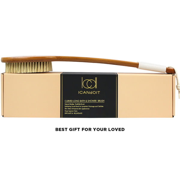 ICANDOIT - 17.71Inch + Natural Boar Bristles  Anti-Slip Long Handle Bath Brush,Bent Handle Shower Scrubber for Exfoliating,Shower Back Brush,Exfoliation Set with Pumice Stone (1 Pack)