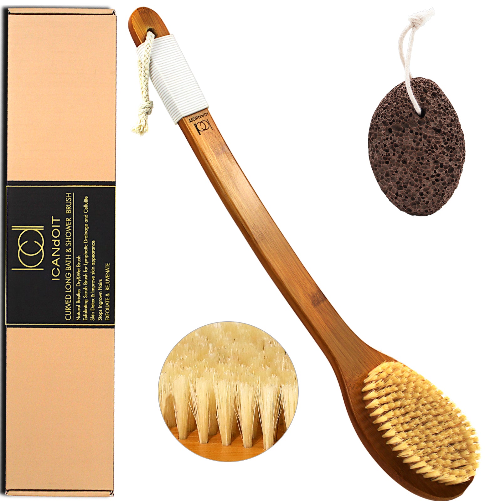 ICANDOIT - 17.71Inch + Natural Boar Bristles  Anti-Slip Long Handle Bath Brush,Bent Handle Shower Scrubber for Exfoliating,Shower Back Brush,Exfoliation Set with Pumice Stone (1 Pack)