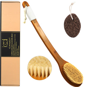 ICANDOIT - 17.71Inch + Natural Boar Bristles  Anti-Slip Long Handle Bath Brush,Bent Handle Shower Scrubber for Exfoliating,Shower Back Brush,Exfoliation Set with Pumice Stone (1 Pack)