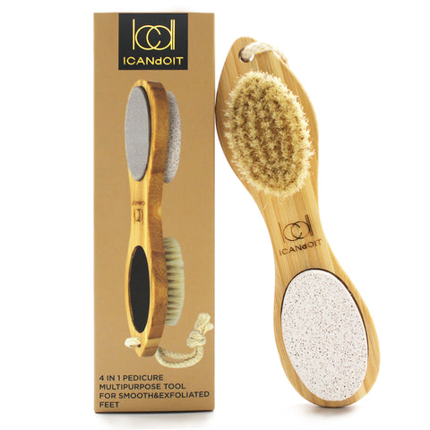 ICANdOIT Natural Bamboo Foot File Callus Remover-Multi Purpose 4 in 1 Feet Pedicure kit with foot care bristle brush,pumice stone,foot rasp,sand paper,foot scrubber,home dry wet feet care,gift for you
